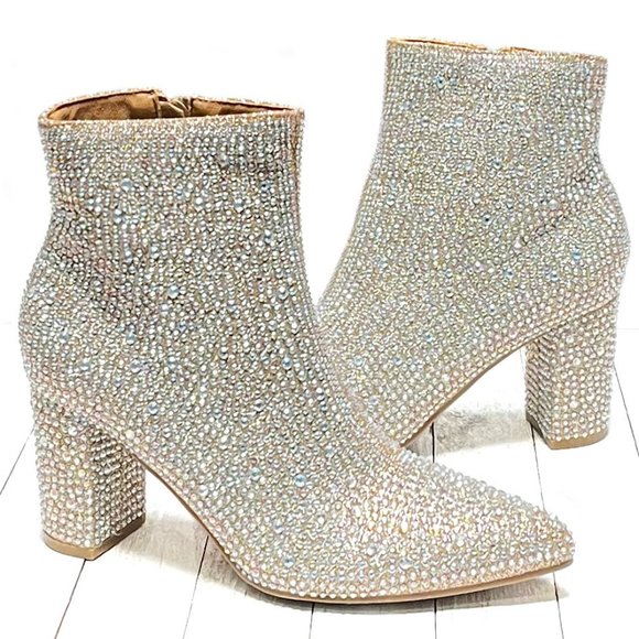New Women Champagne Gold Rhinestone Glitter Pointy Ankle Boots Booties - Picture 3 of 9